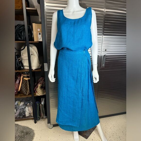 Eileen Fisher Linen Blue Wrap Skirt Tank Set Large - Picture 1 of 9